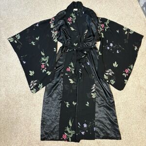 Vtg Victoria's Secret Kimono Robe Duster Gold Label Floral Embroidered Black M/L